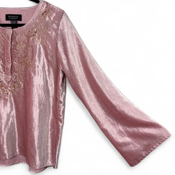 Liz Claiborne Pink Velvet‎ Tunic Top L Boho Fairycore Whimsy Glam Embroidered - Picture 3 of 10